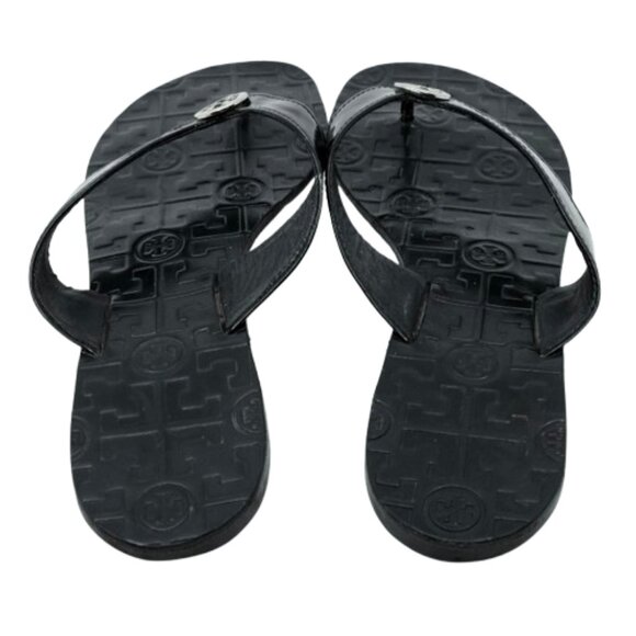 TORY BURCH~Thora~BLACK PATENT LEATHER FLIP FLOP REVA LOGO SANDALS SIZE 10M - Picture 5 of 7